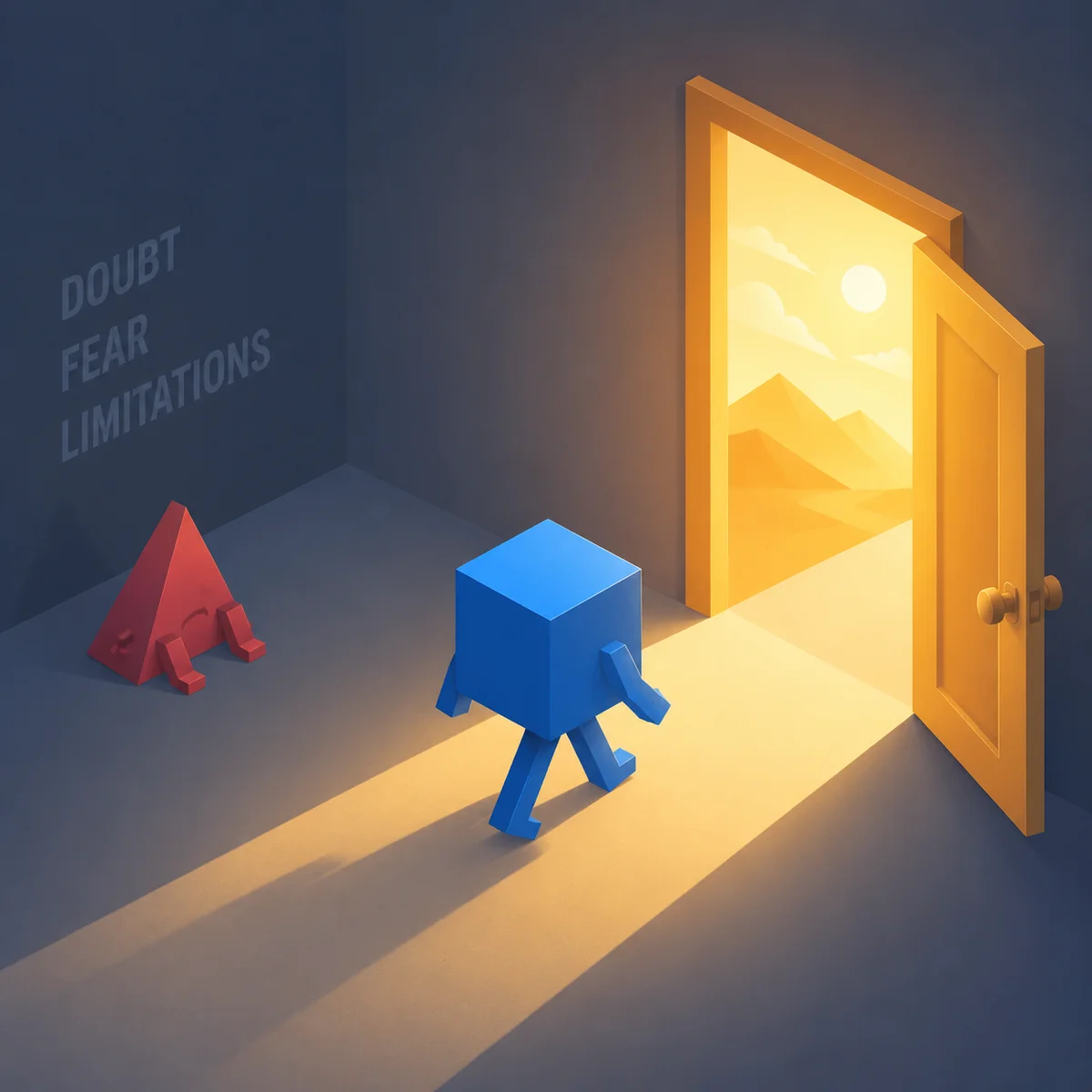 Geometric figure walking toward open doorway leaving lopsided triangle behind