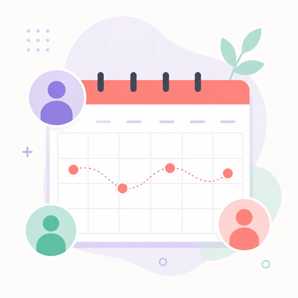Flat vector calendar with recurring markers and three colorful circles representing ongoing connection