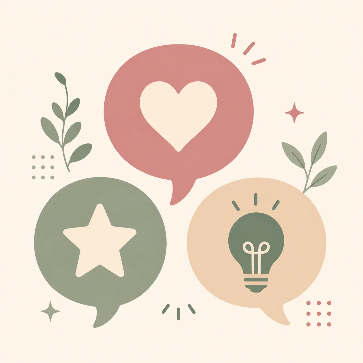 Three speech bubbles in a triangle with heart star and lightbulb symbols representing different needs