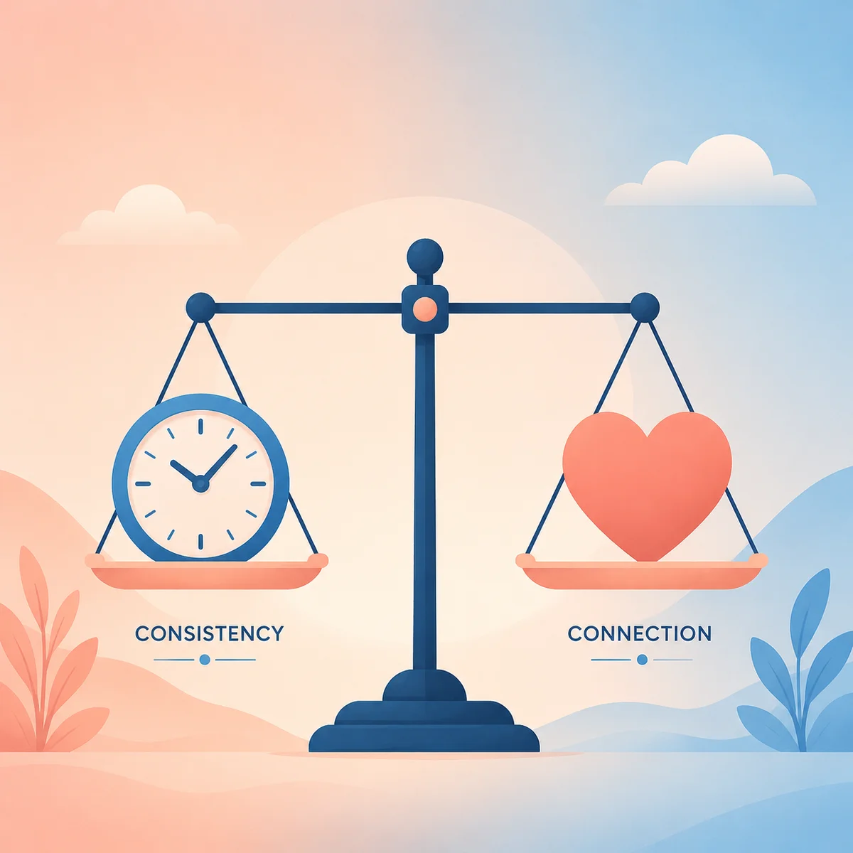 Balance scale with clock and heart icons showing equilibrium between consistency and connection