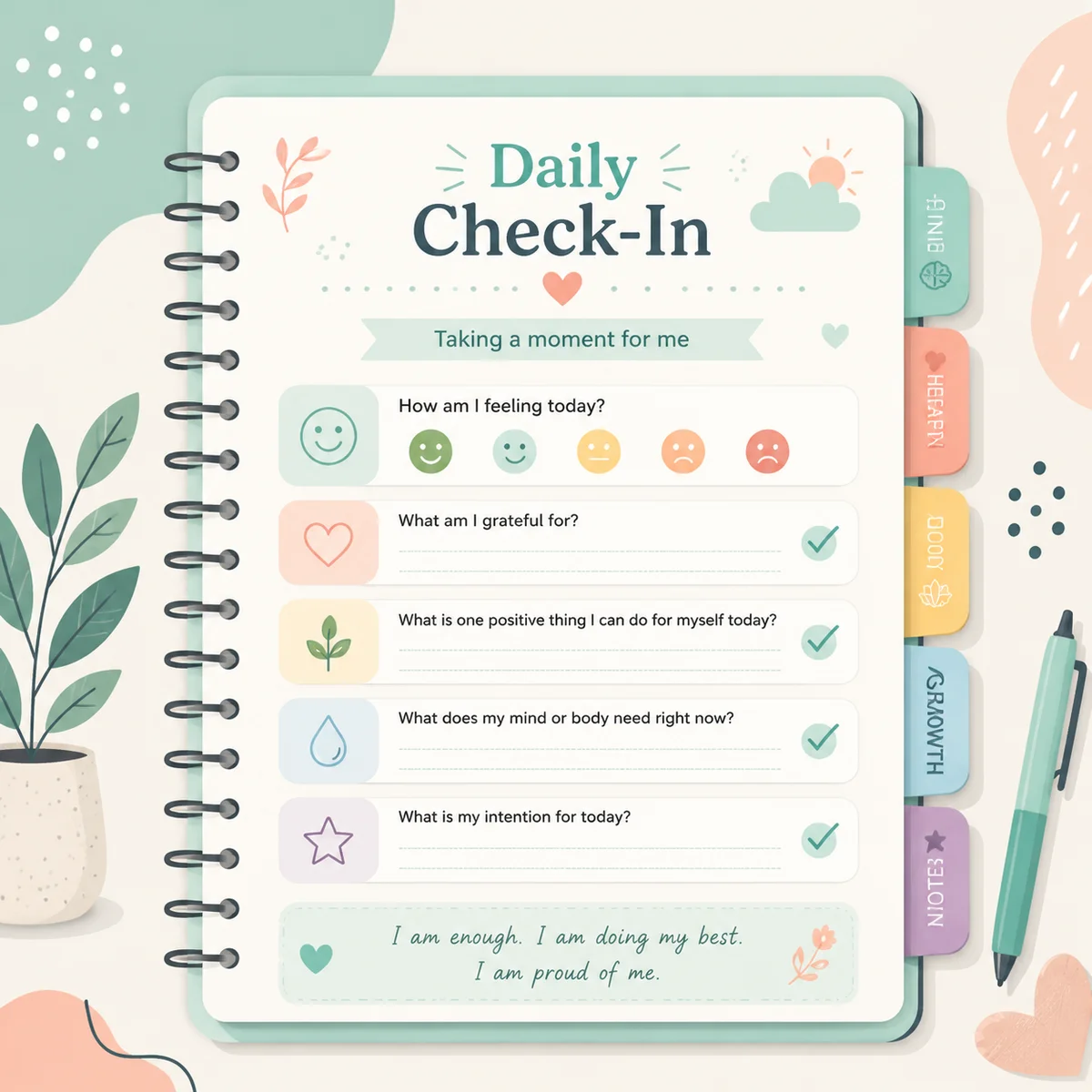 Stylized notebook with check-in template featuring tabs and checkmarks in pastel tones