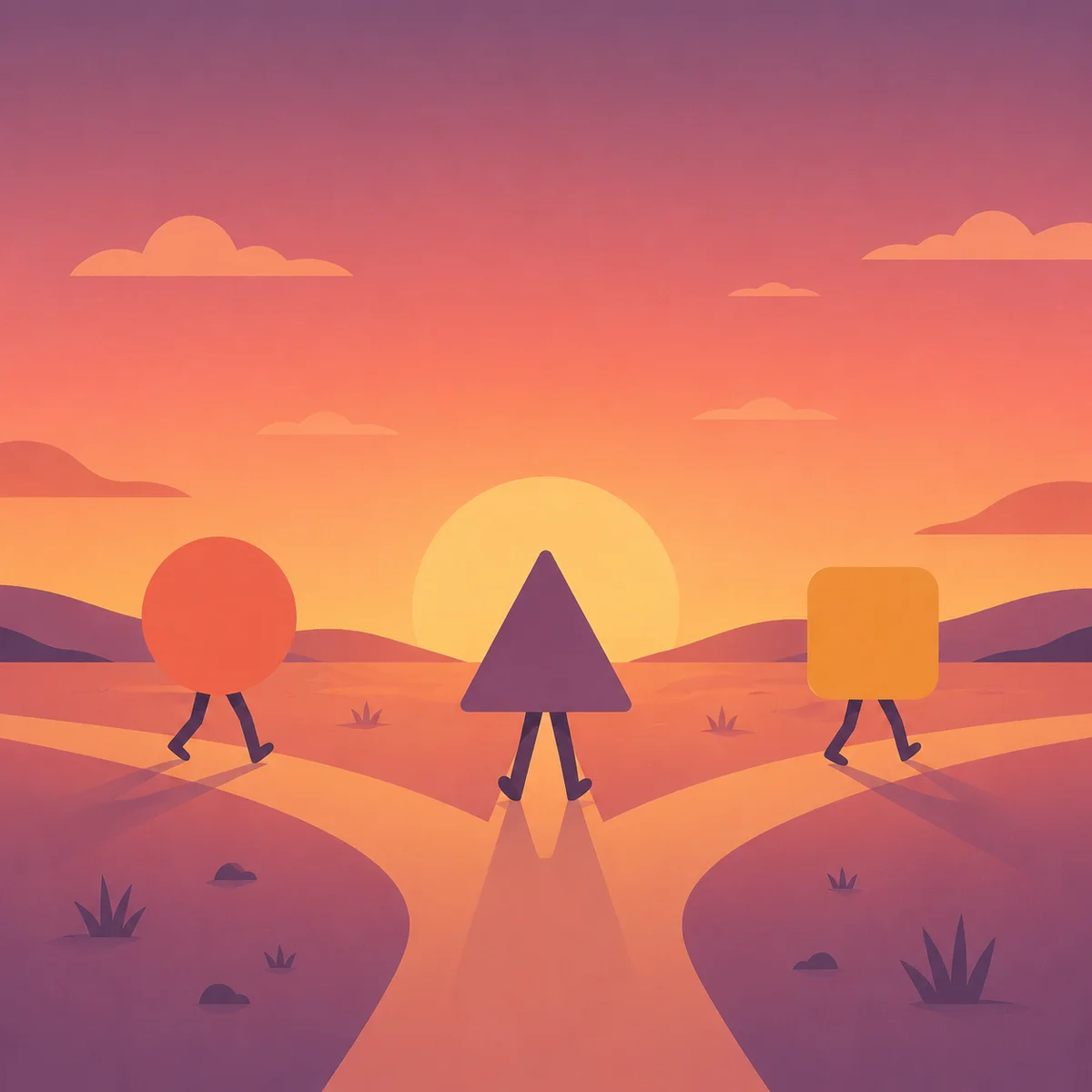 Three geometric shapes walking separate paths with a warm sunset gradient background