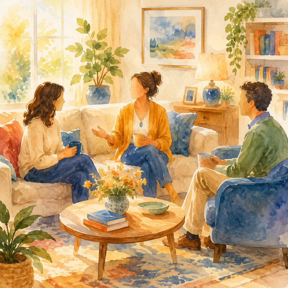 watercolor-soft illustration for meet threesome partners offline — image 5 of 6