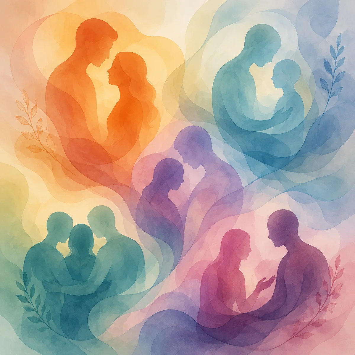 Soft flowing abstract shapes representing different relationship dynamics in MFM configuration