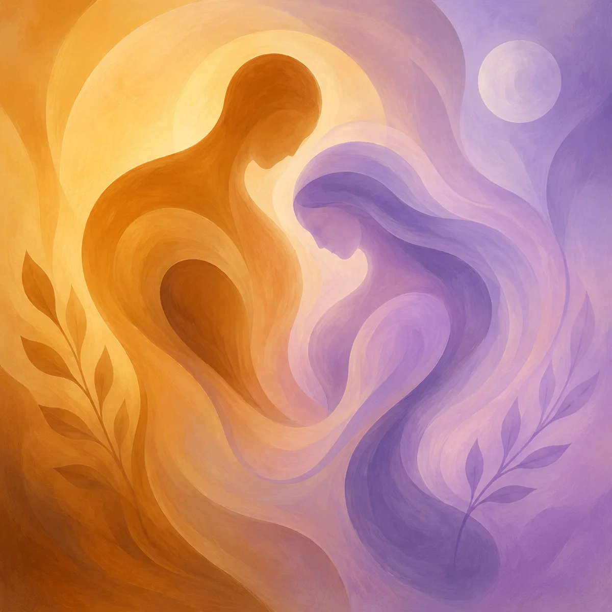 Soft abstract shapes representing masculine and feminine energies, flowing together in balanced composition