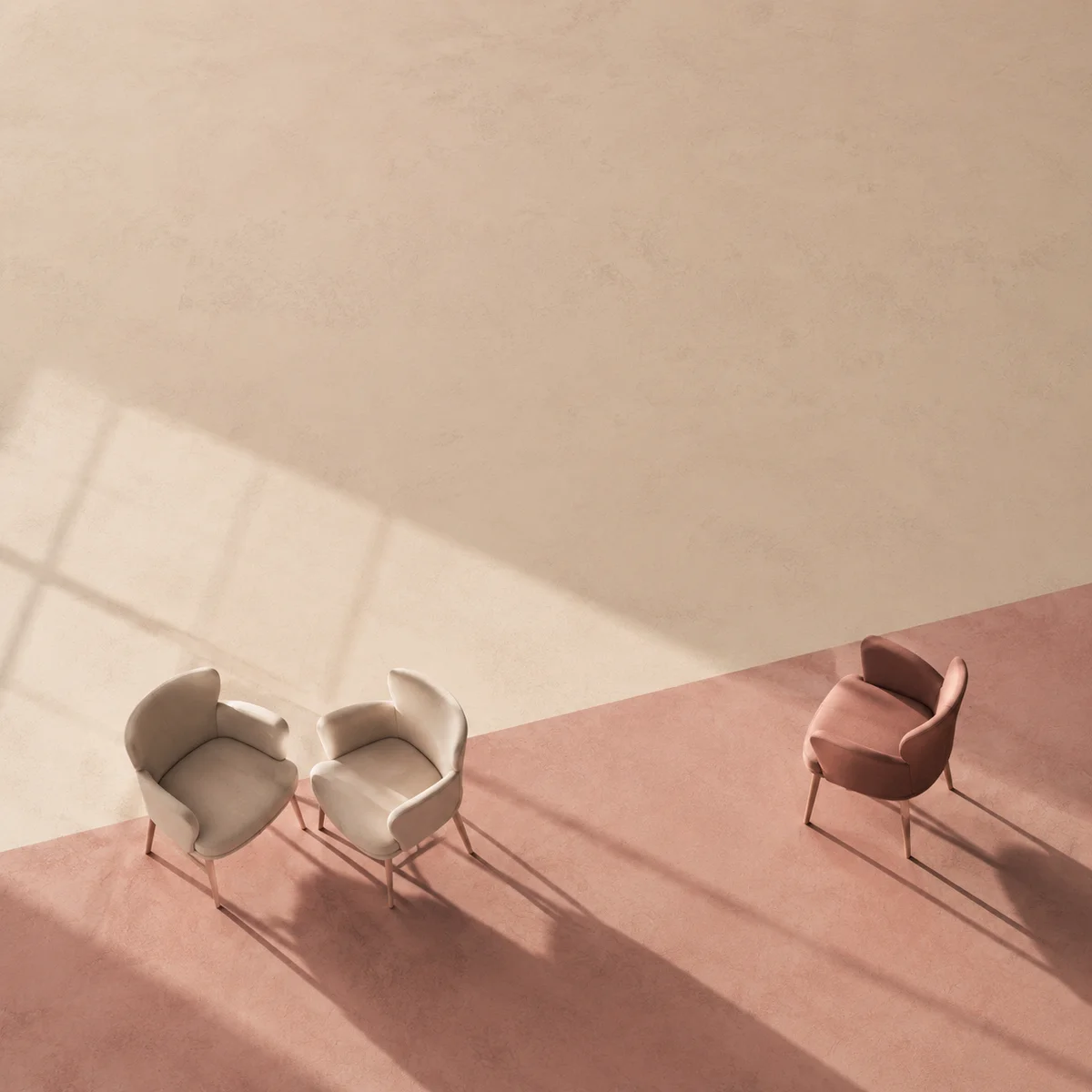 Three chairs arranged to show power dynamics in unicorn dating — two together, one apart