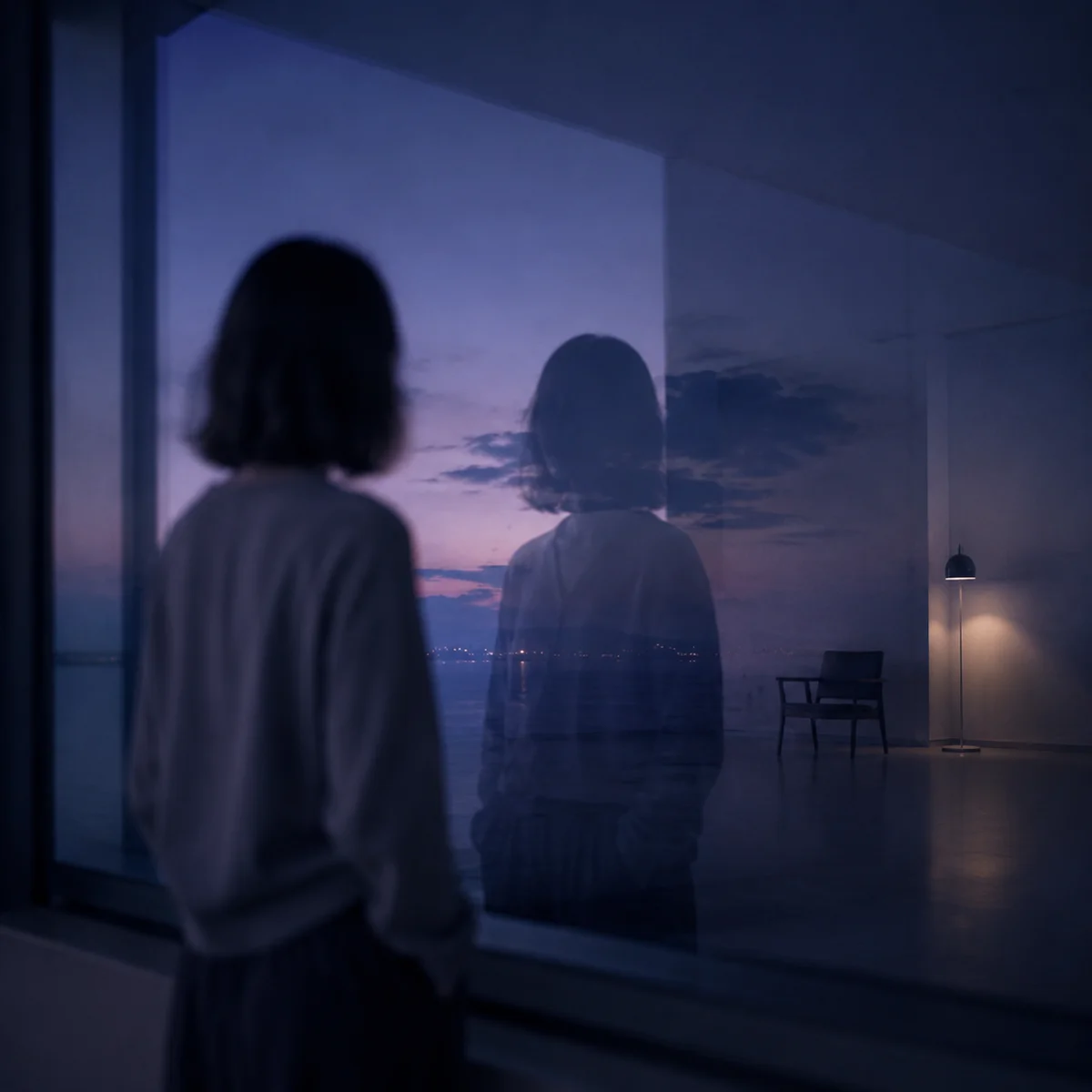A figure reflecting in a window symbolizing self-awareness and boundaries as a third partner