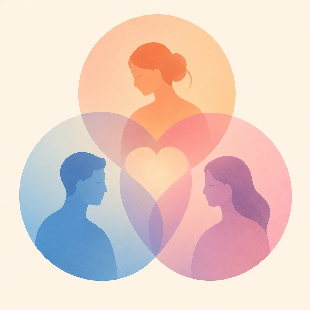 Abstract gradient circles representing emotional connection between three people