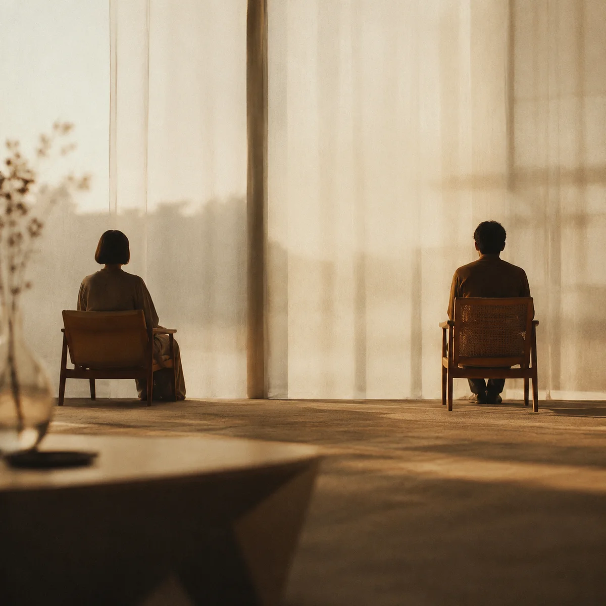 Editorial photo of two silhouettes in soft light, suggesting the patience needed to rebuild connection
