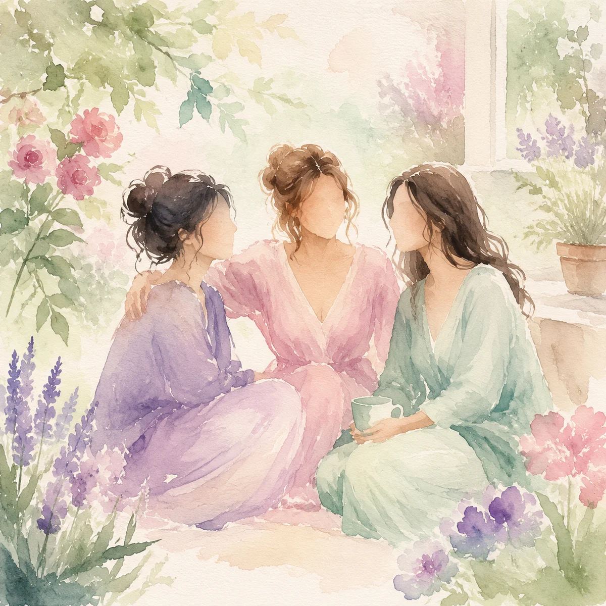 Watercolor scene of three people connecting in a polyamorous relationship