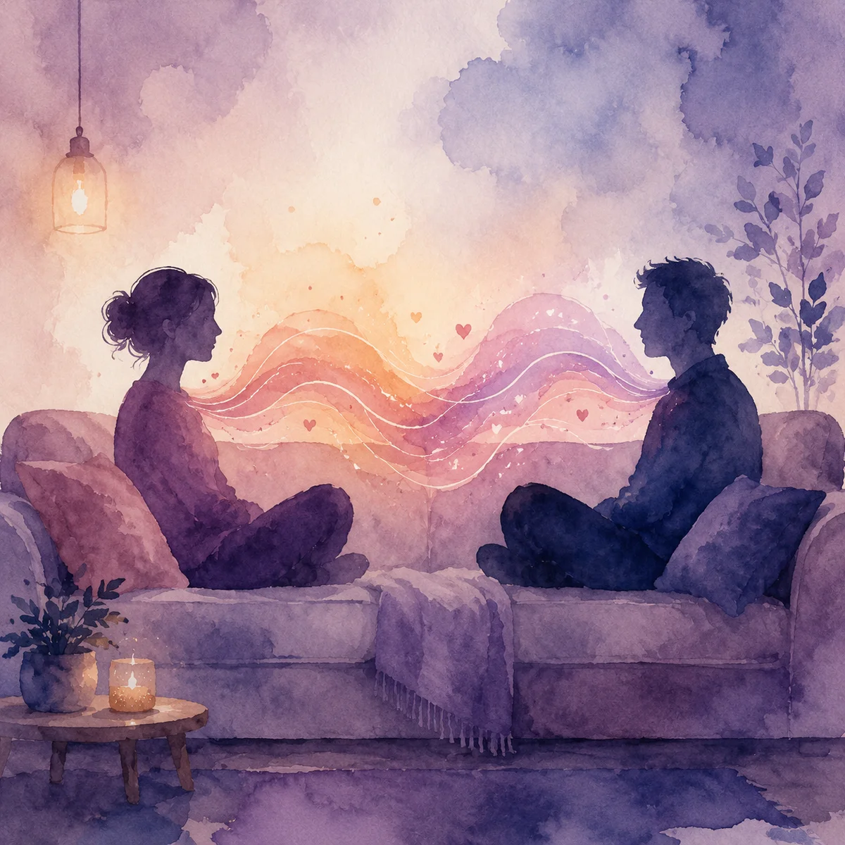 Soft watercolor of two figures connected by flowing emotional color, representing communication in cuckold relationships