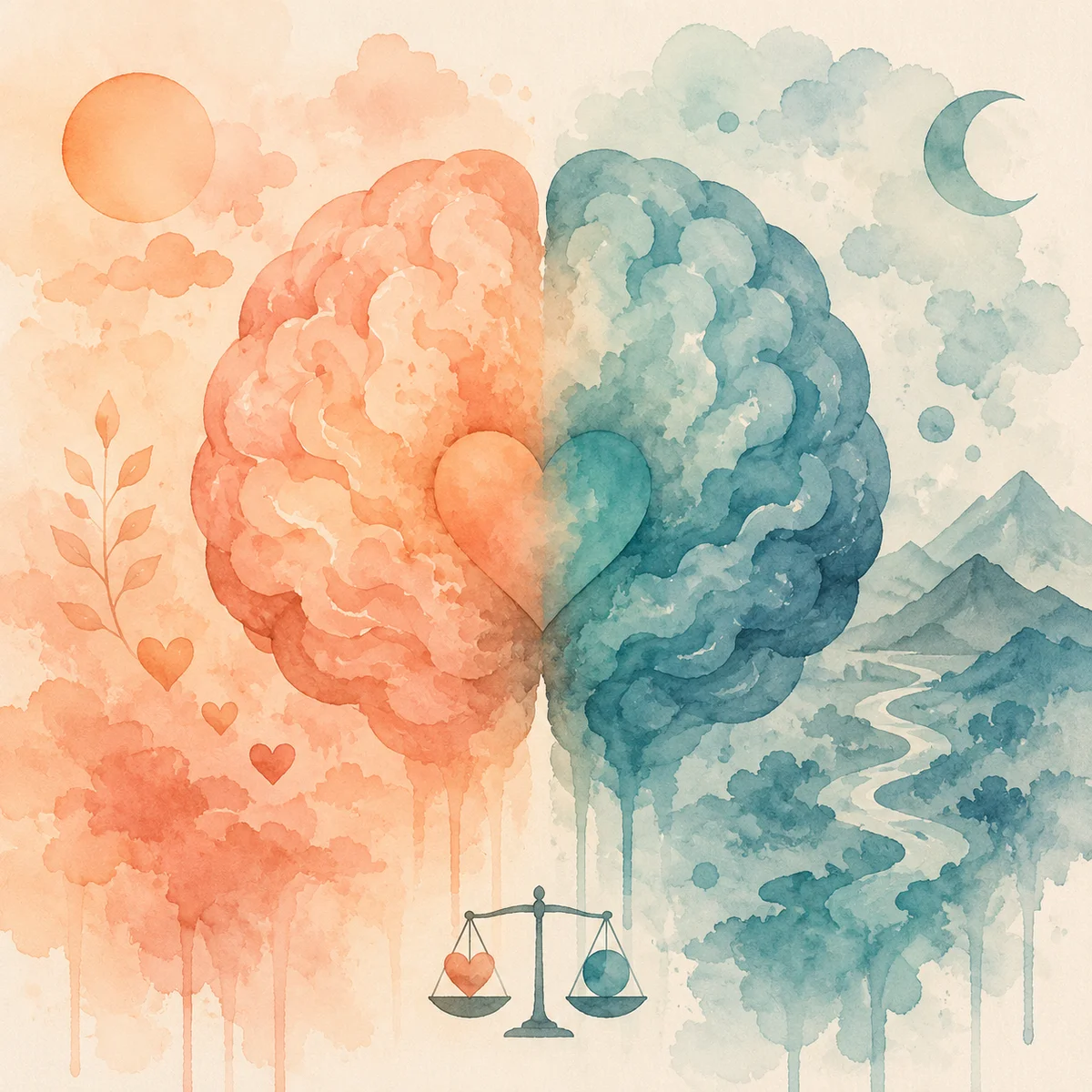 Watercolor illustration of brain hemispheres in warm and cool tones, symbolizing the psychological complexity of cuckold fantasies