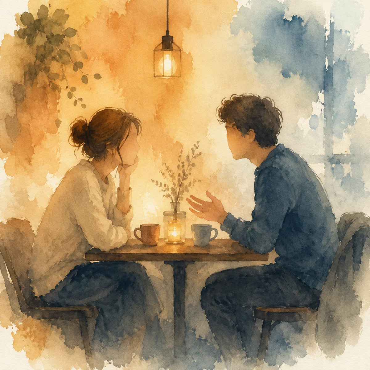 Watercolor of a couple in deep conversation across a table, warm amber and blue blending around them
