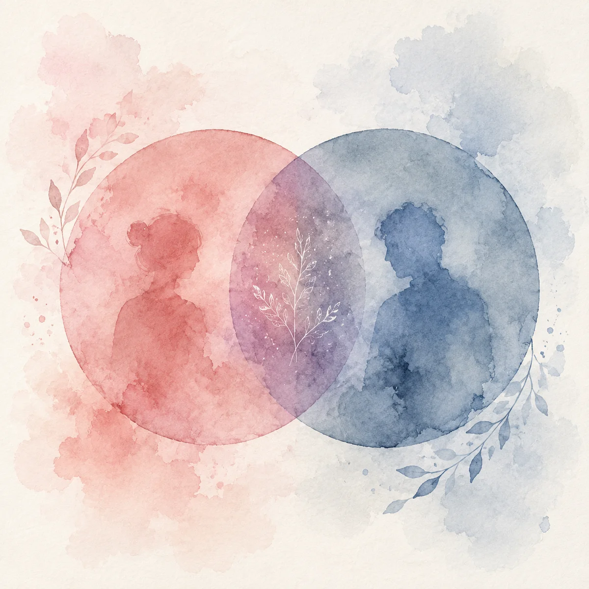 Venn diagram style watercolor with overlapping circles in rose and slate, representing shared understanding between partners
