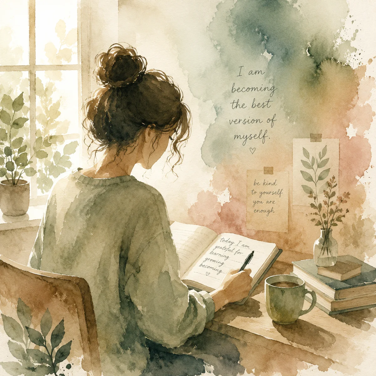 Watercolor of someone journaling by a window, thoughtful earth tones suggesting introspection about desires