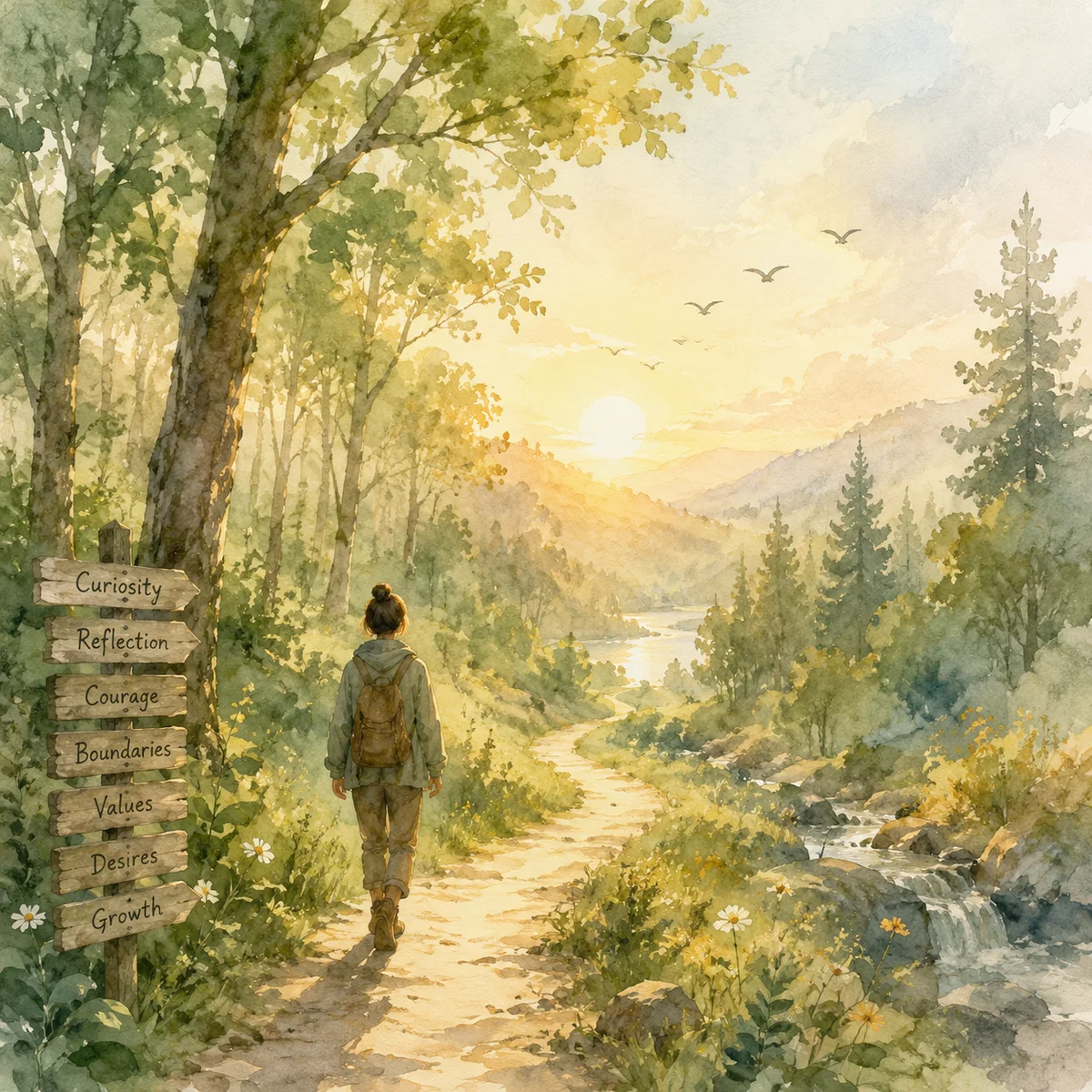 Watercolor landscape of a winding forest path in morning light, symbolizing the personal journey of understanding fantasies