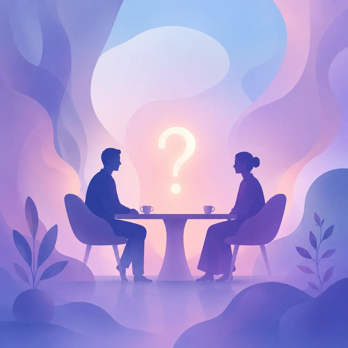 Two figures discussing questions before unicorn dating, abstract illustration
