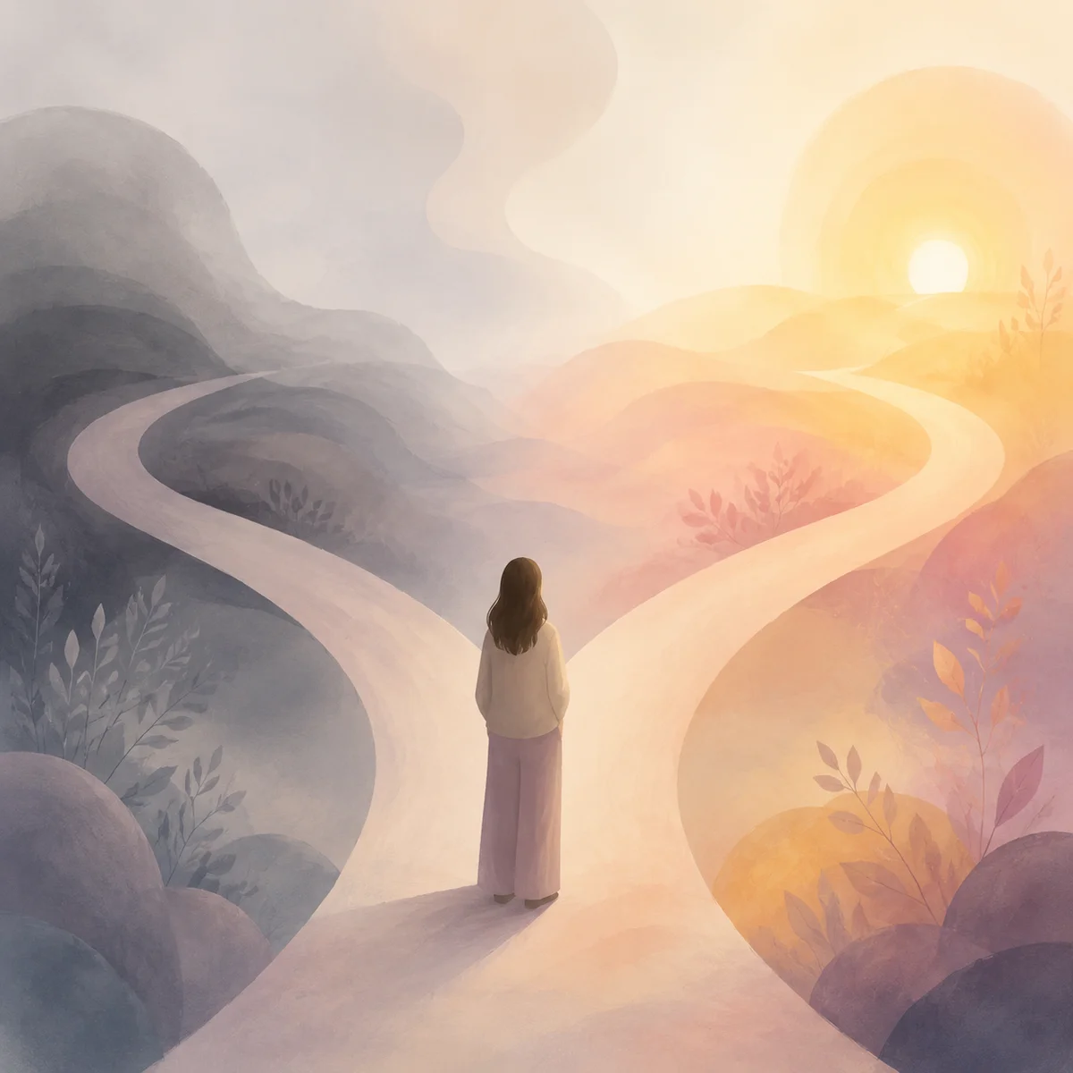 Figure at a fork between two relationship paths, unicorn dating decision point