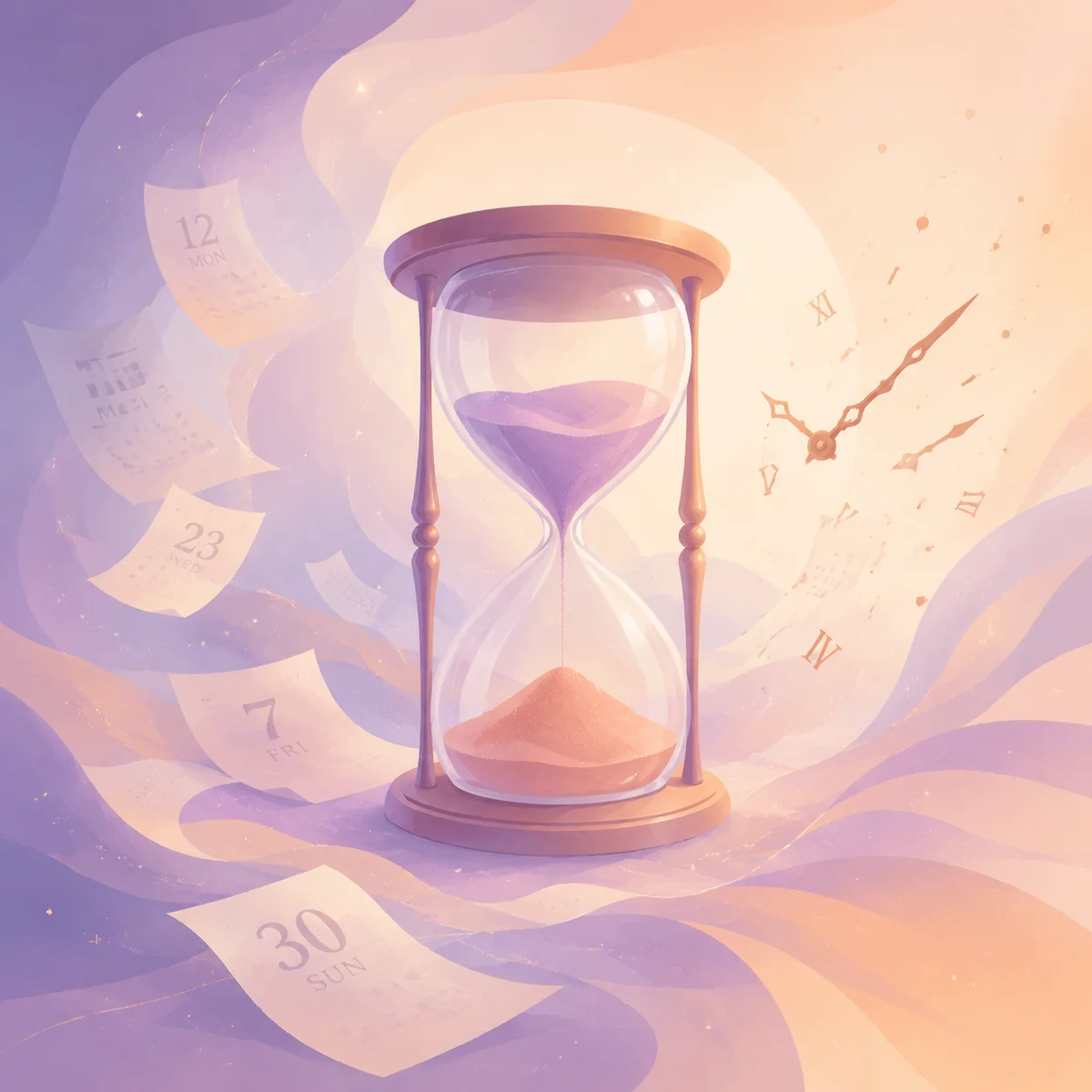 Hourglass with floating calendar pages representing patience in finding a third