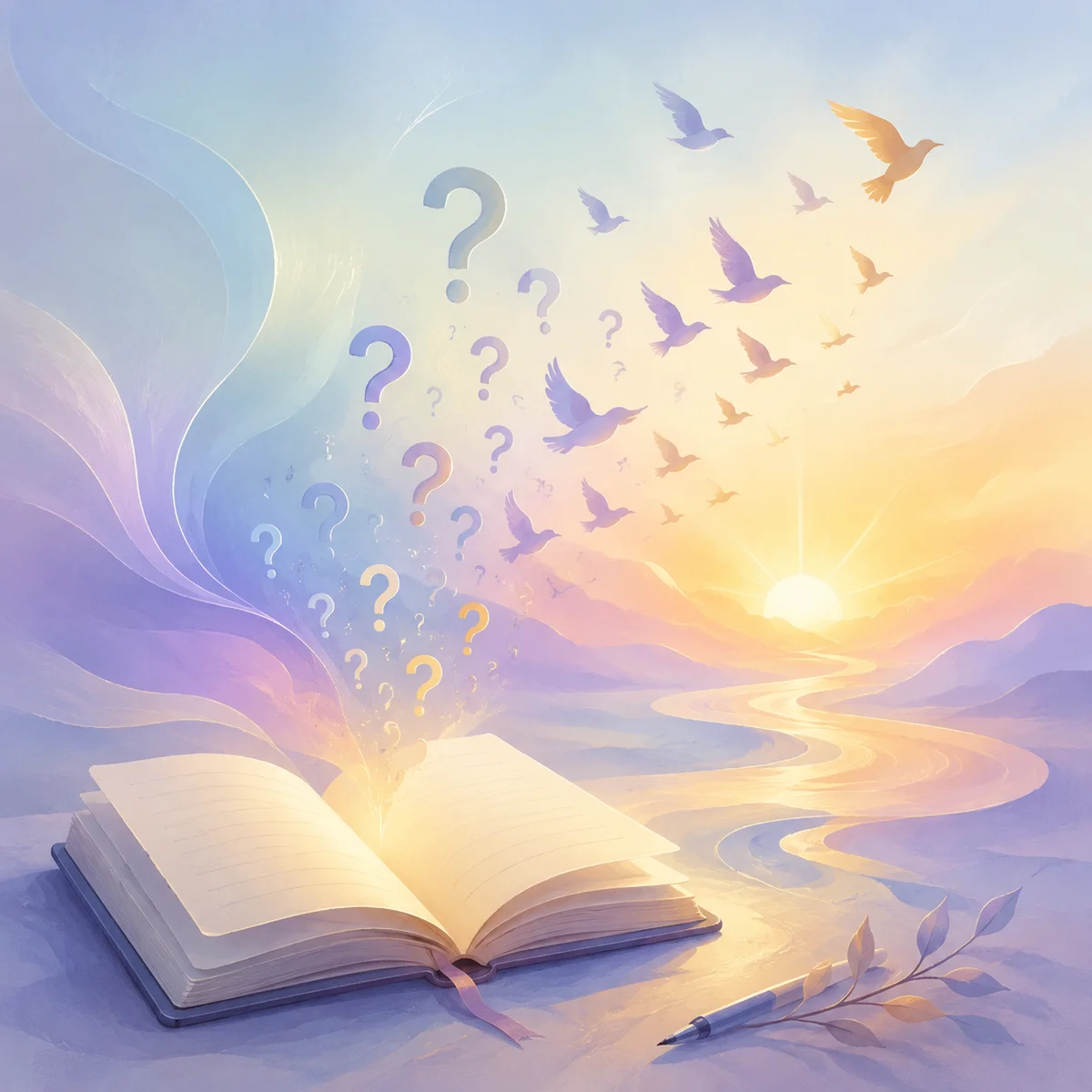Notebook with question marks transforming into possibilities, unicorn dating reflection