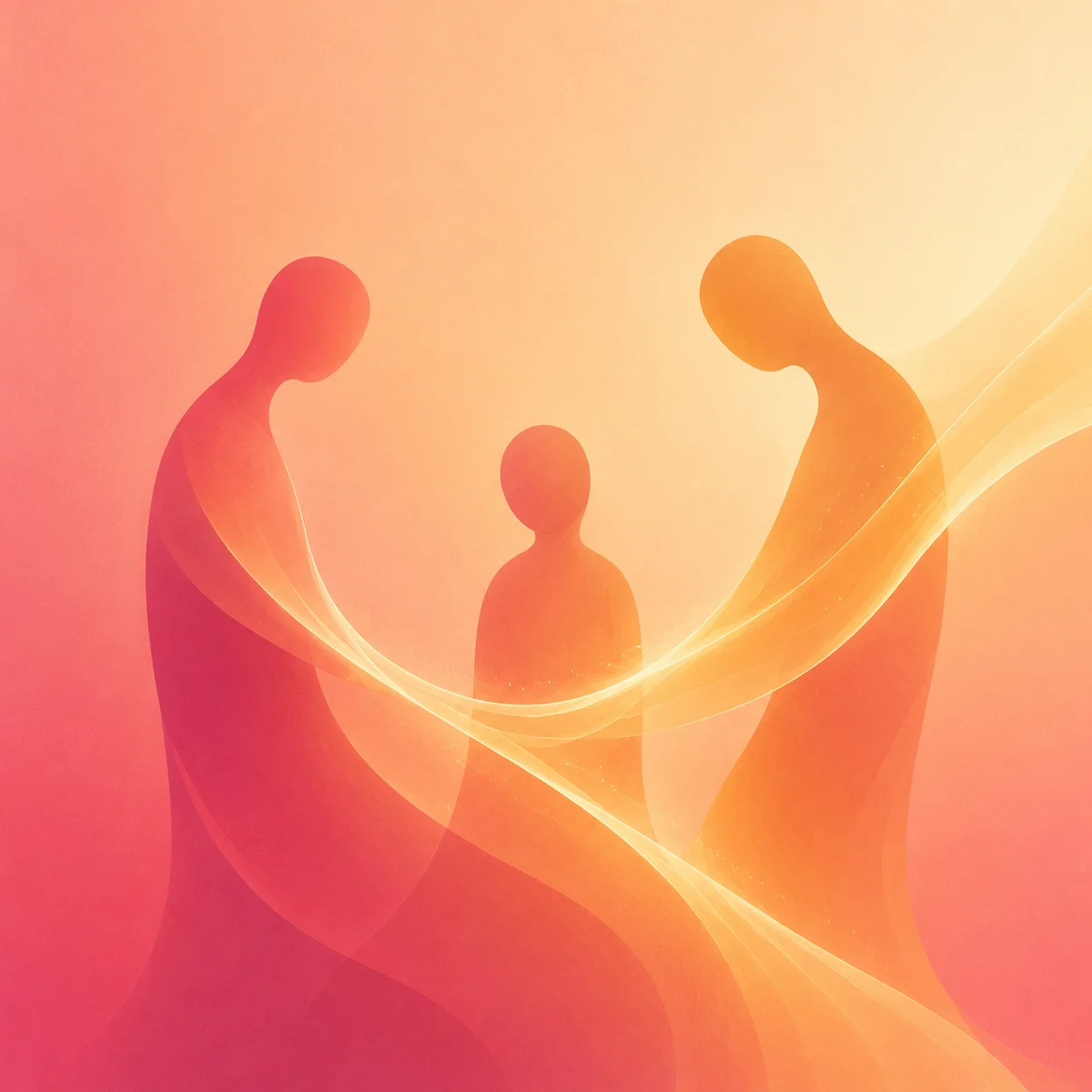 Abstract figures connected by flowing ribbons of warm light in gradient-minimalist style