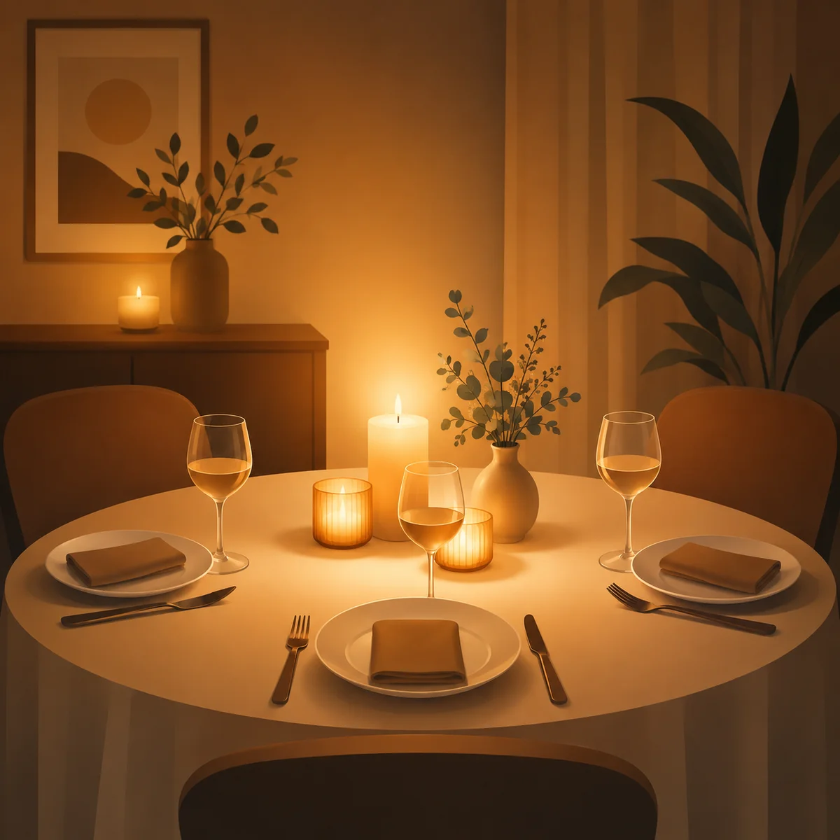 Romantic dinner table set for three in soft candlelight glow illustration