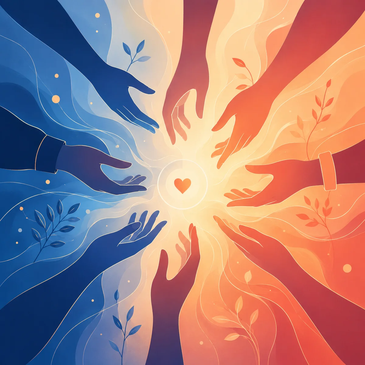 Abstract hands reaching toward shared center representing emotional contribution