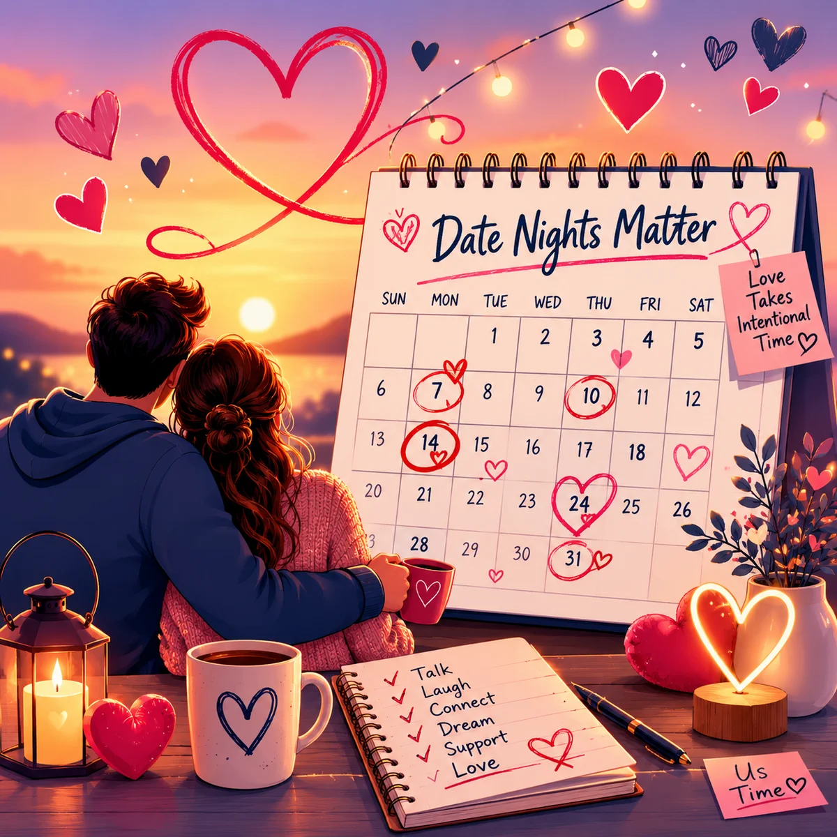 Calendar with hearts representing intentional time investment in romantic connection