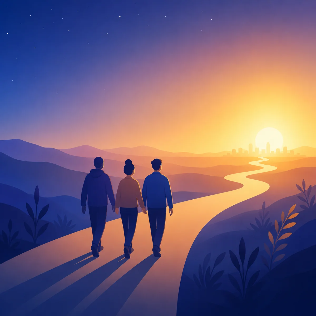 Abstract figures walking together on a path toward a glowing horizon