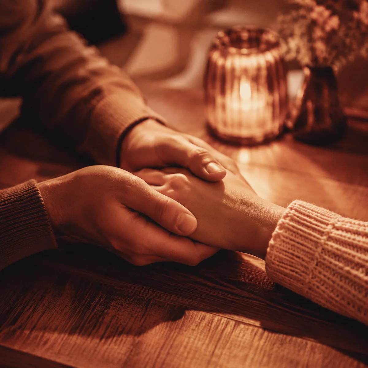 Two hands holding across a wooden table in warm amber duotone lighting
