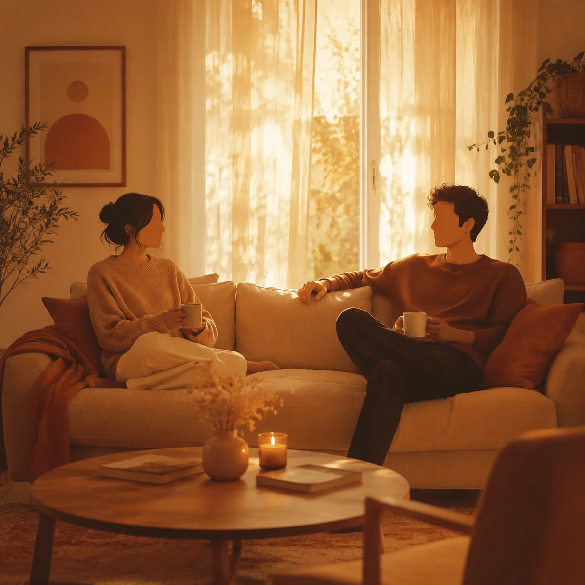 Couple engaged in calm conversation on a cozy couch in golden light