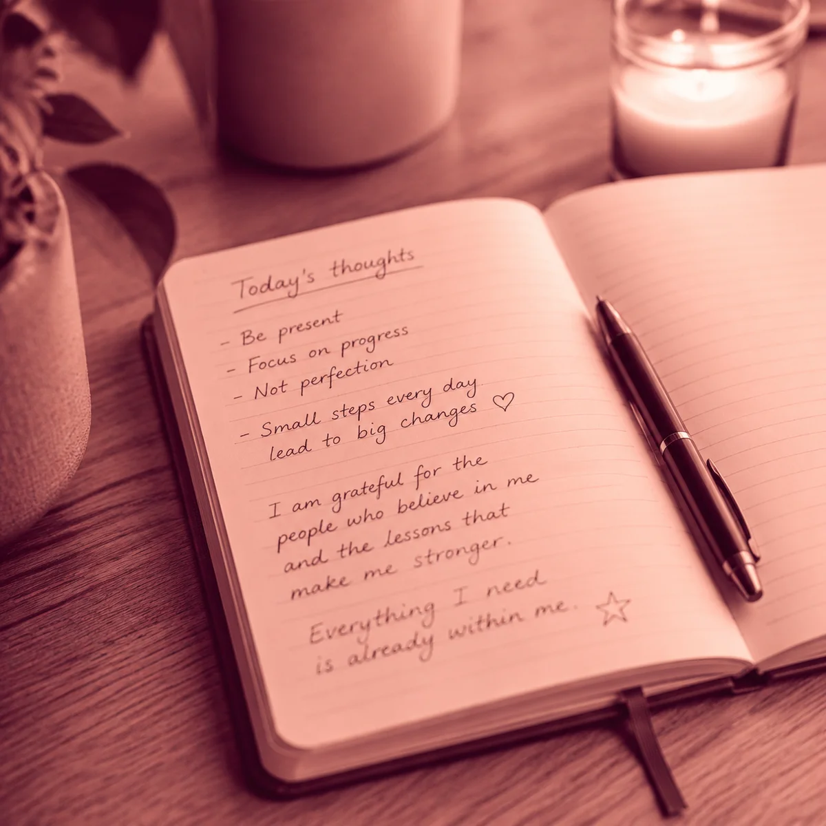 Open notebook with handwritten boundary notes and pen in rose-toned duotone