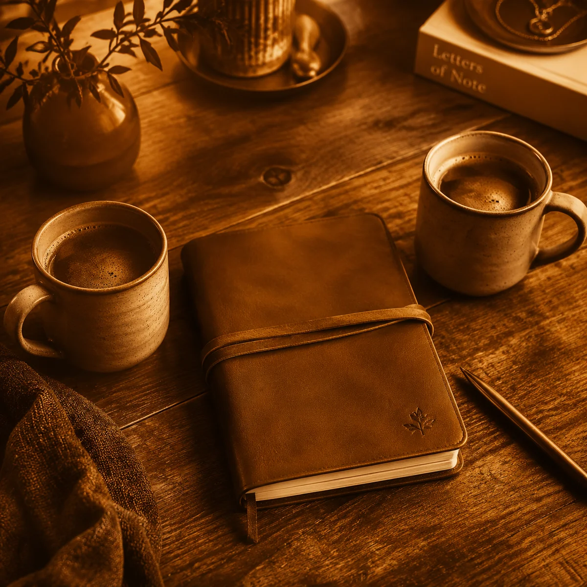 Two coffee mugs and shared journal on wooden table in amber duotone