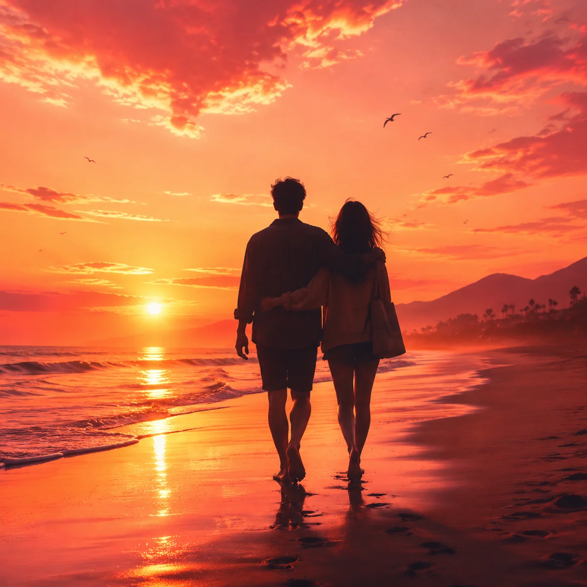 Silhouette of two people walking on beach at sunset in warm duotone