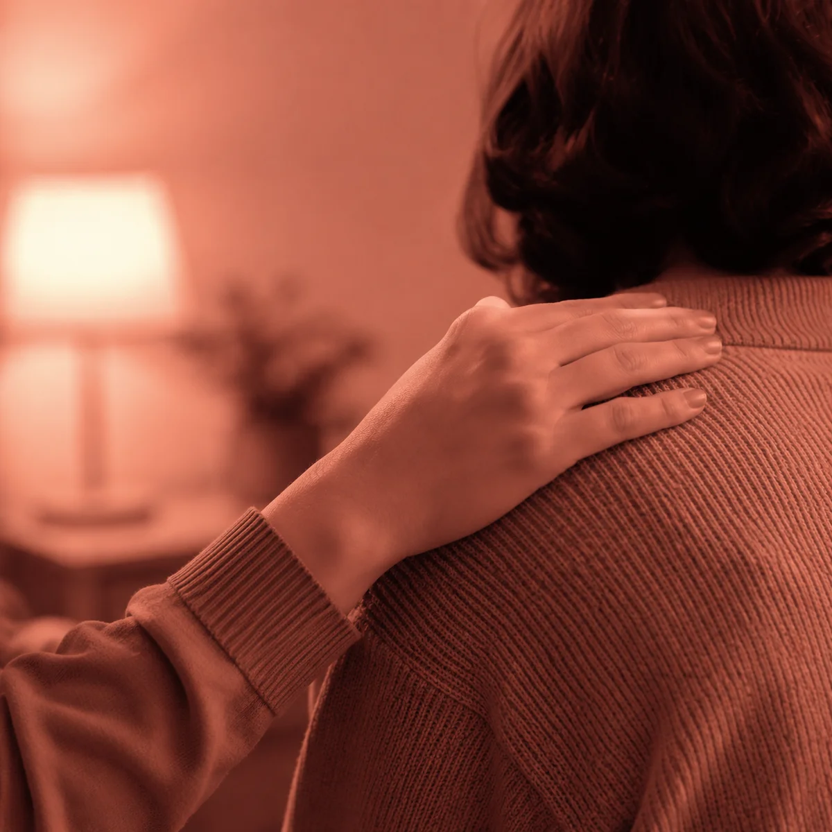 Hand resting reassuringly on a shoulder in warm supportive gesture