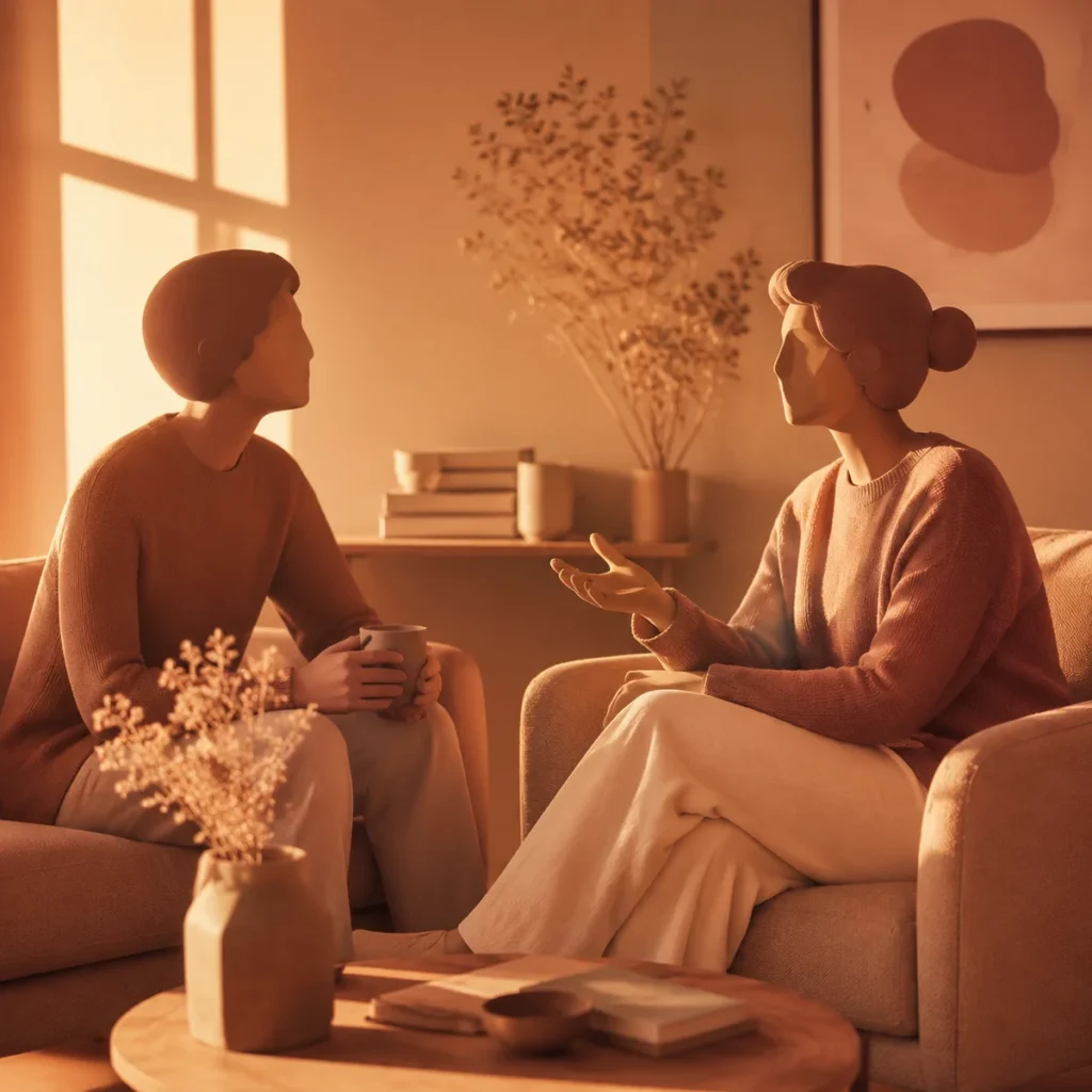 A warm-toned illustration representing couples having honest conversations about sexual health before a threesome