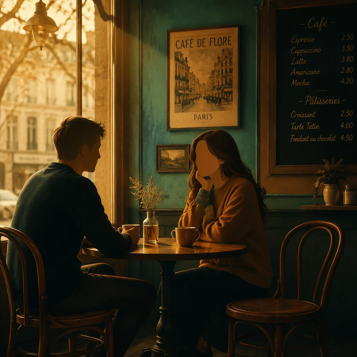 Warm editorial photo of two people at cafe table with empty chair