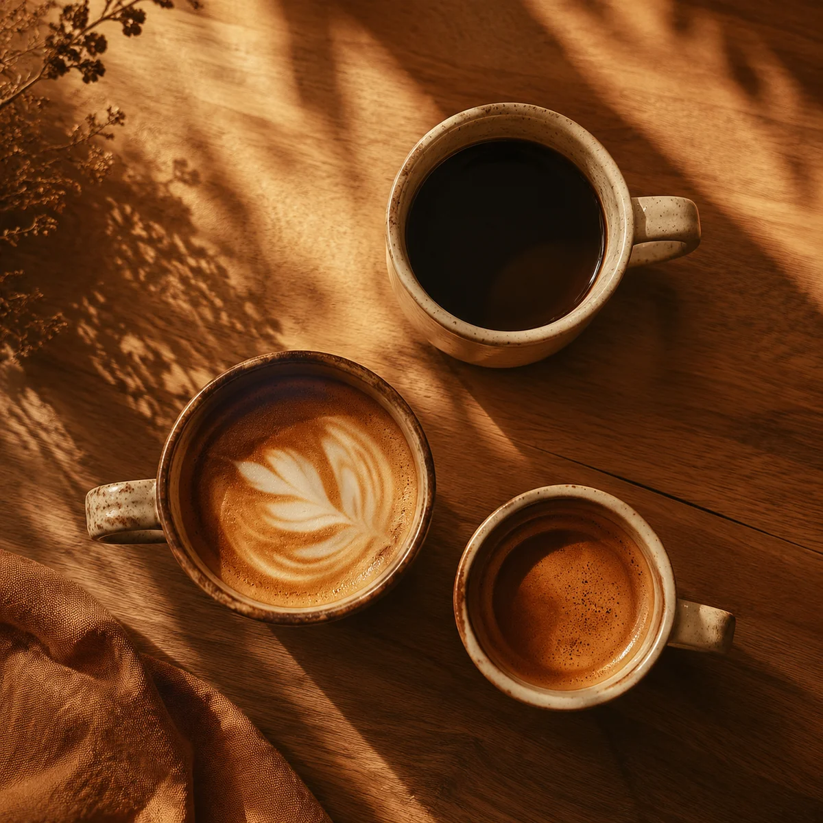 Warm editorial photo of three coffee cups on wooden table