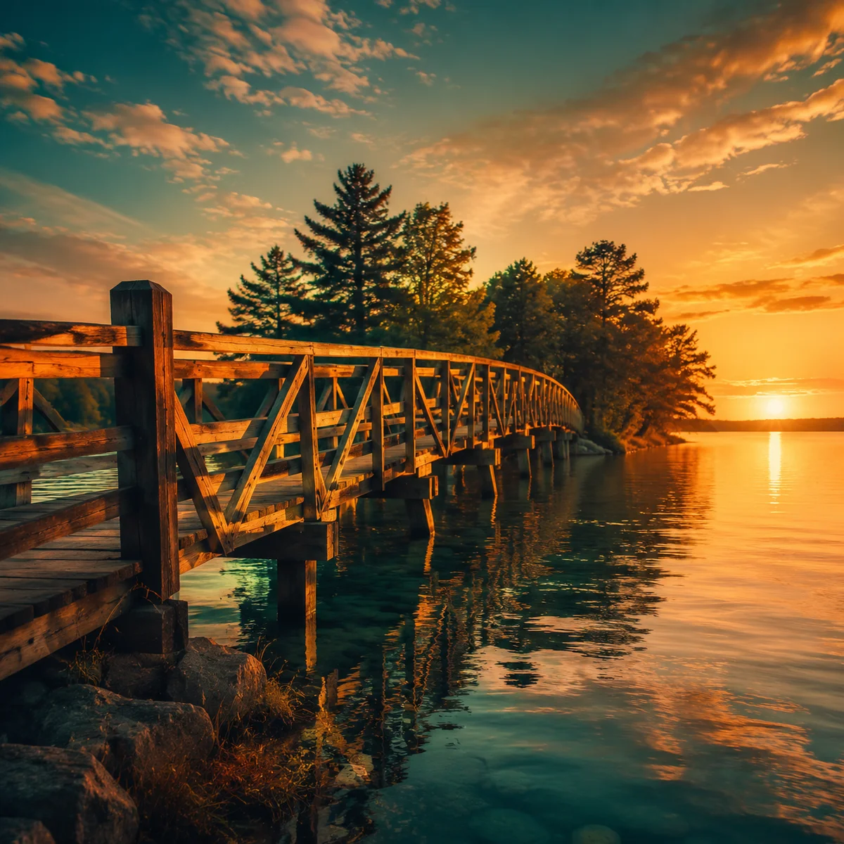 Warm editorial photo of wooden bridge over calm reflective water