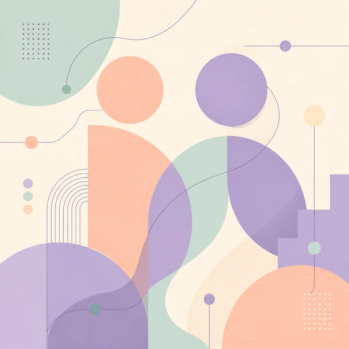 Abstract geometric shapes flowing together in soft pastel tones, representing gentle connection between partners exploring soft swinging