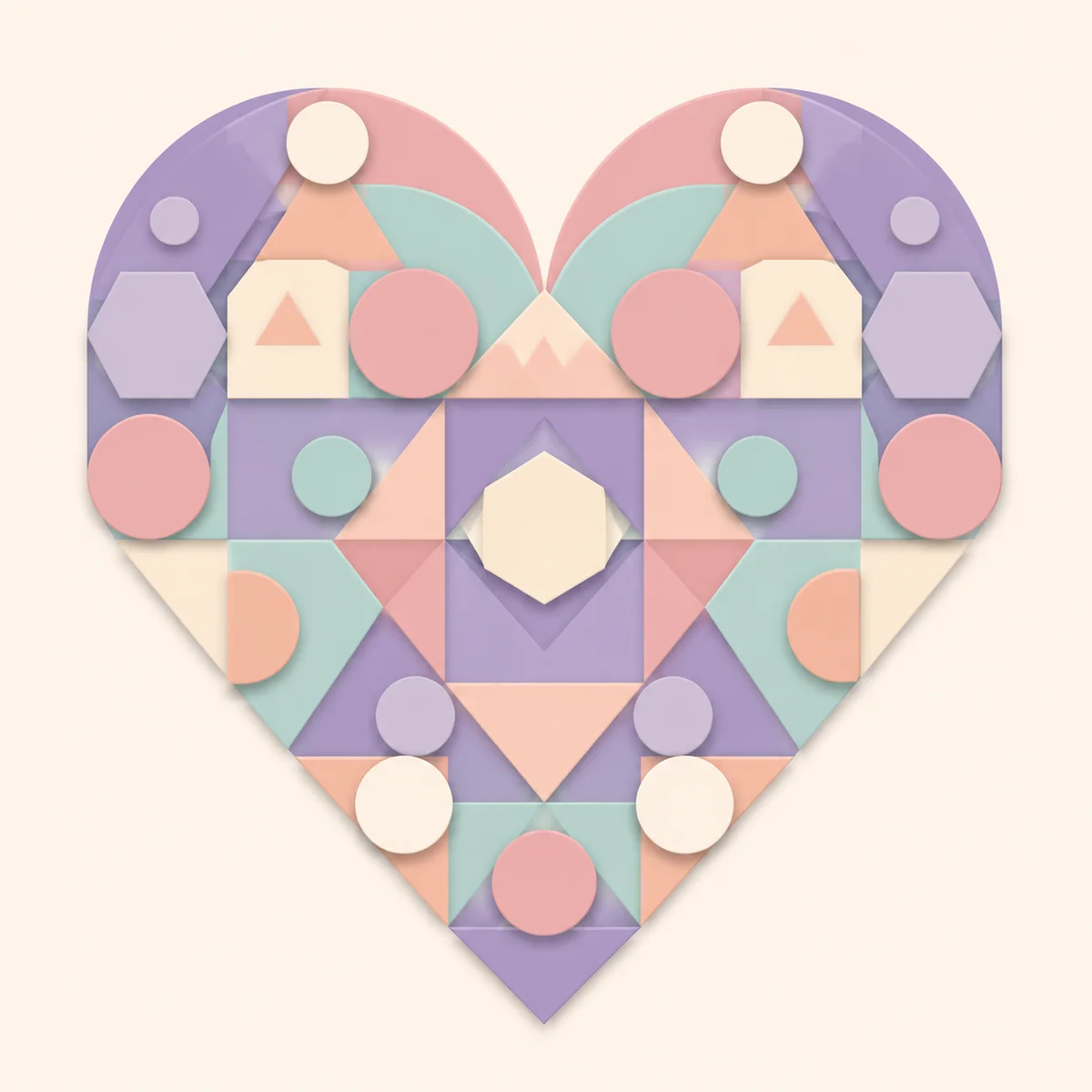 Abstract heart formed by interlocking geometric shapes in soft pastel tones, symbolizing emotional connection in soft swinging