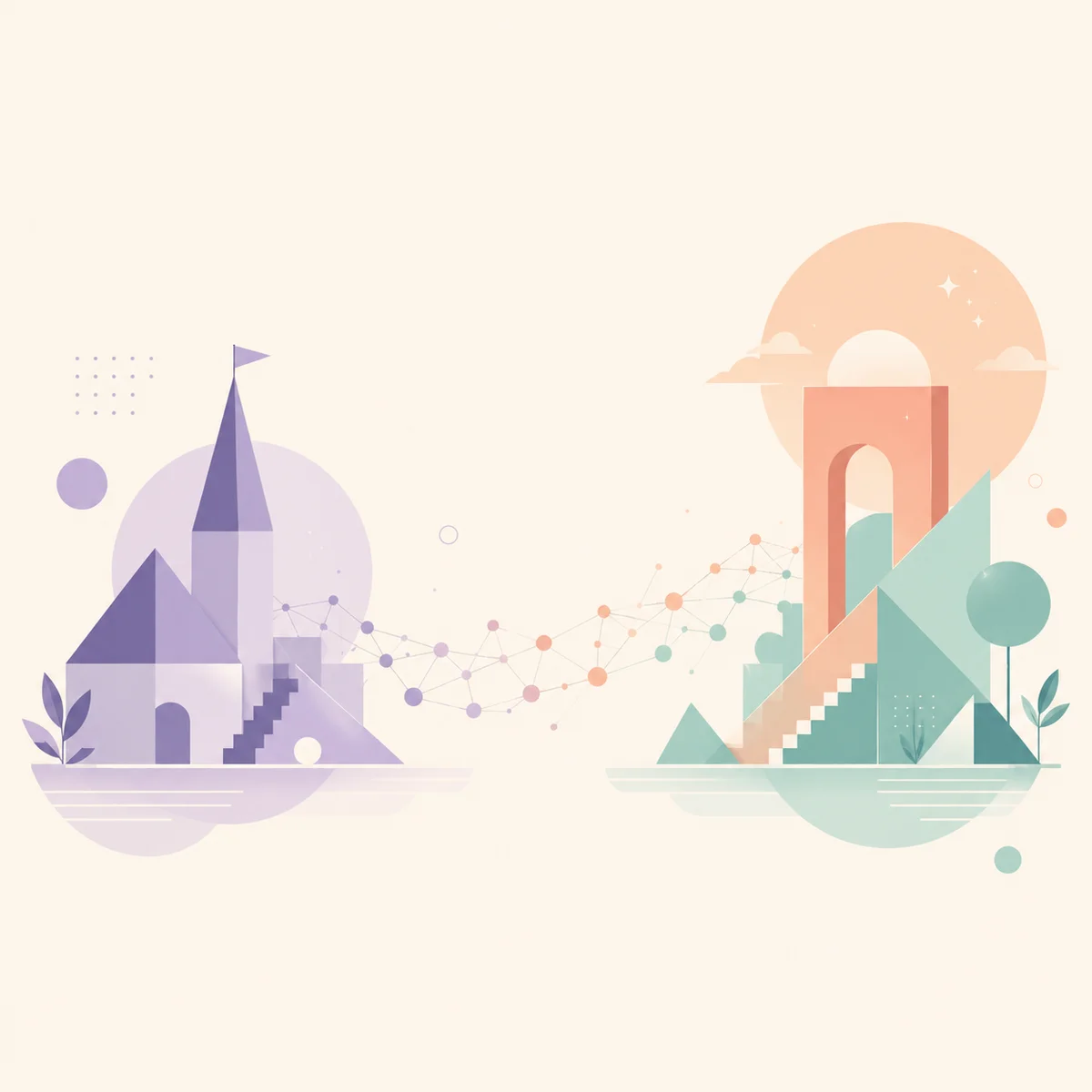 Two geometric forms connected by a gentle gradient bridge, representing the path from monogamy toward soft swinging exploration