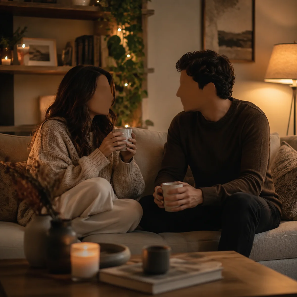 Couple having intimate conversation on couch in warm living room