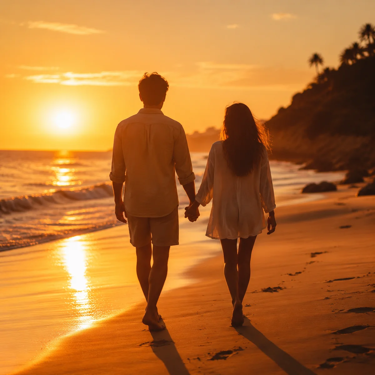Couple walking on beach at sunset holding hands