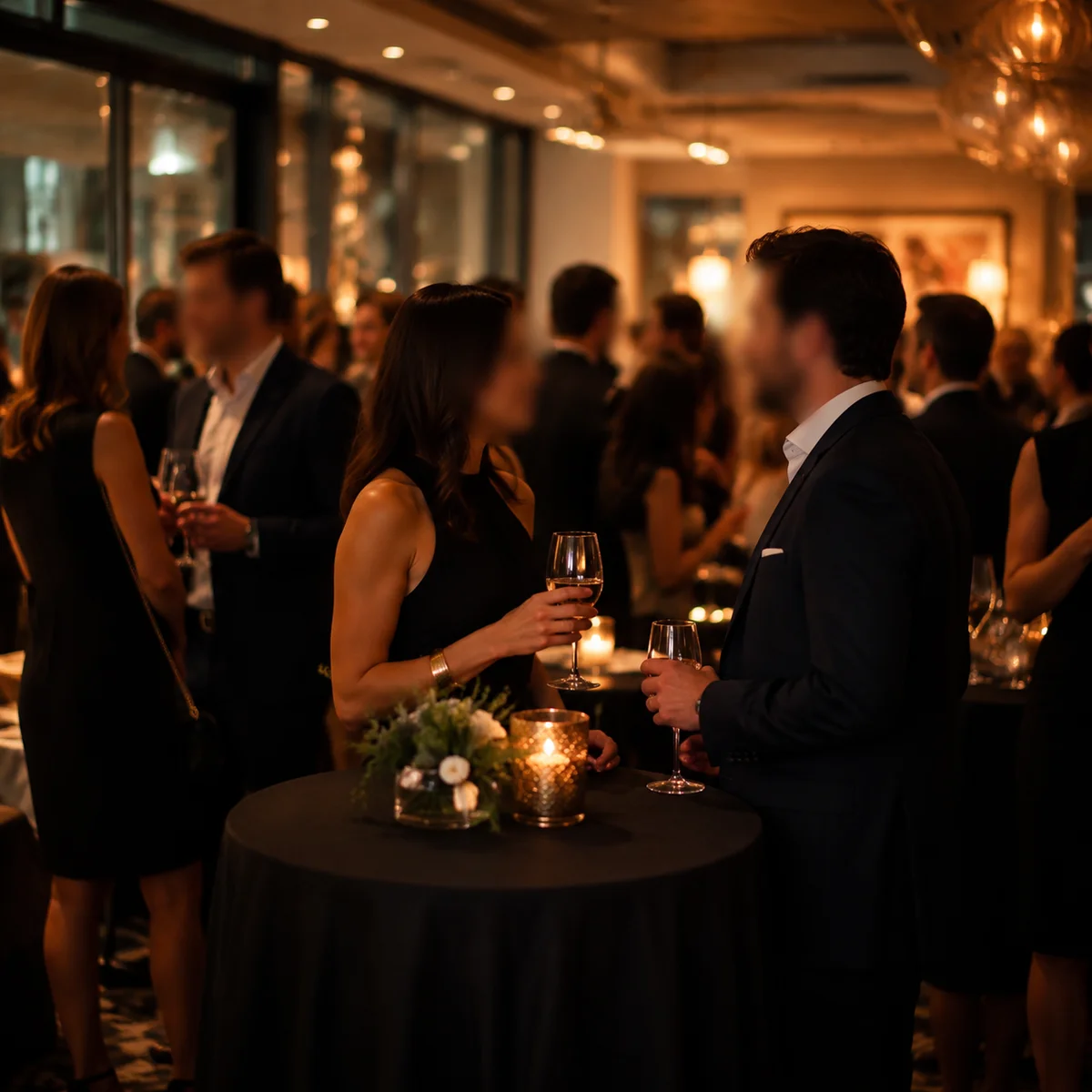 Couples mingling at elegant cocktail party with warm lighting