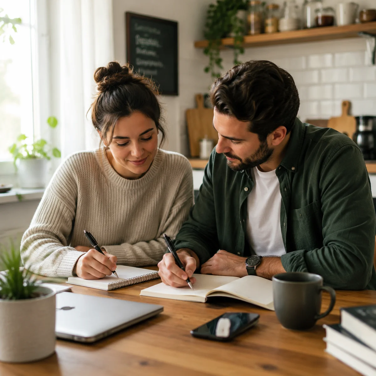 Couple writing boundaries together at kitchen table with notebooks