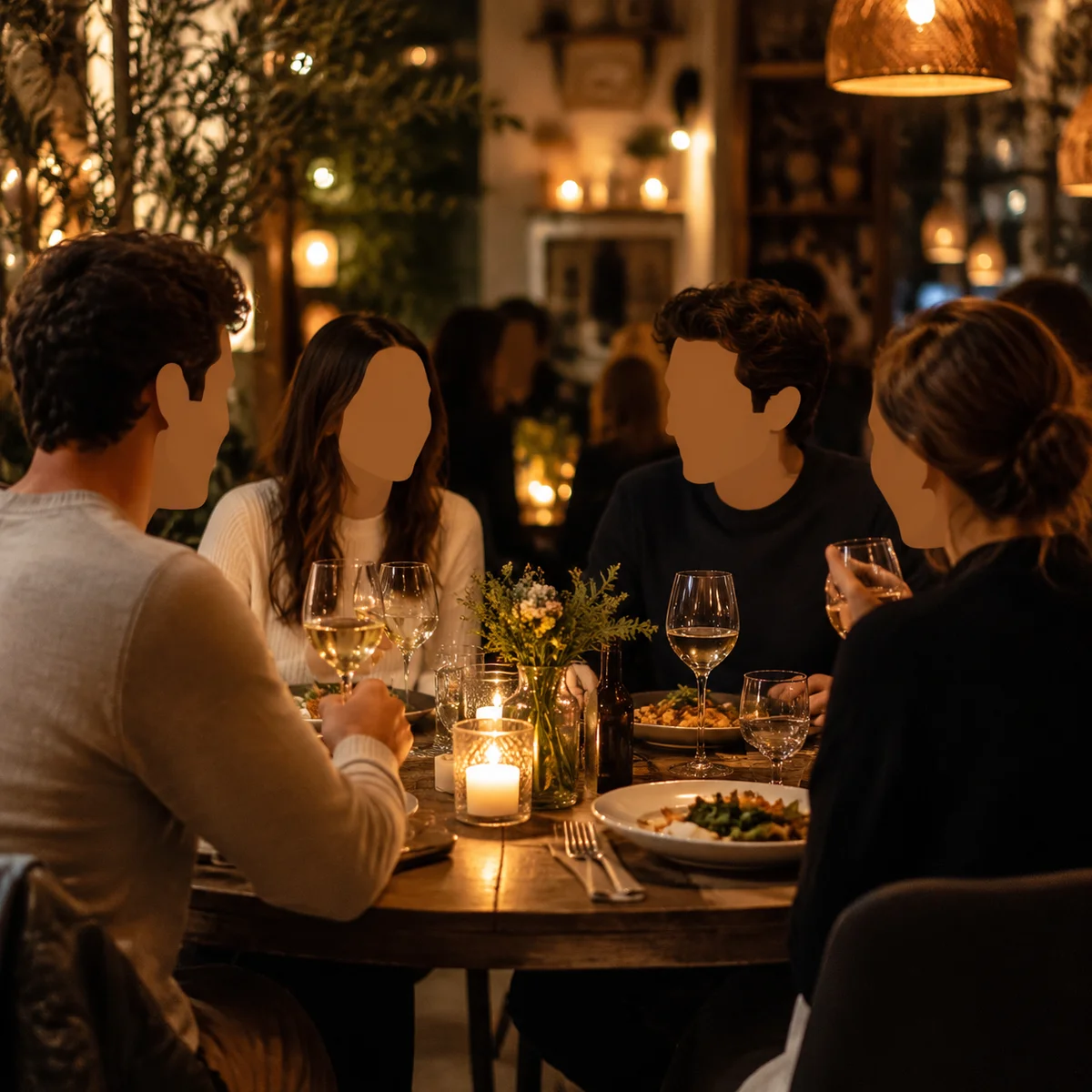 Two couples enjoying dinner together at candlelit restaurant