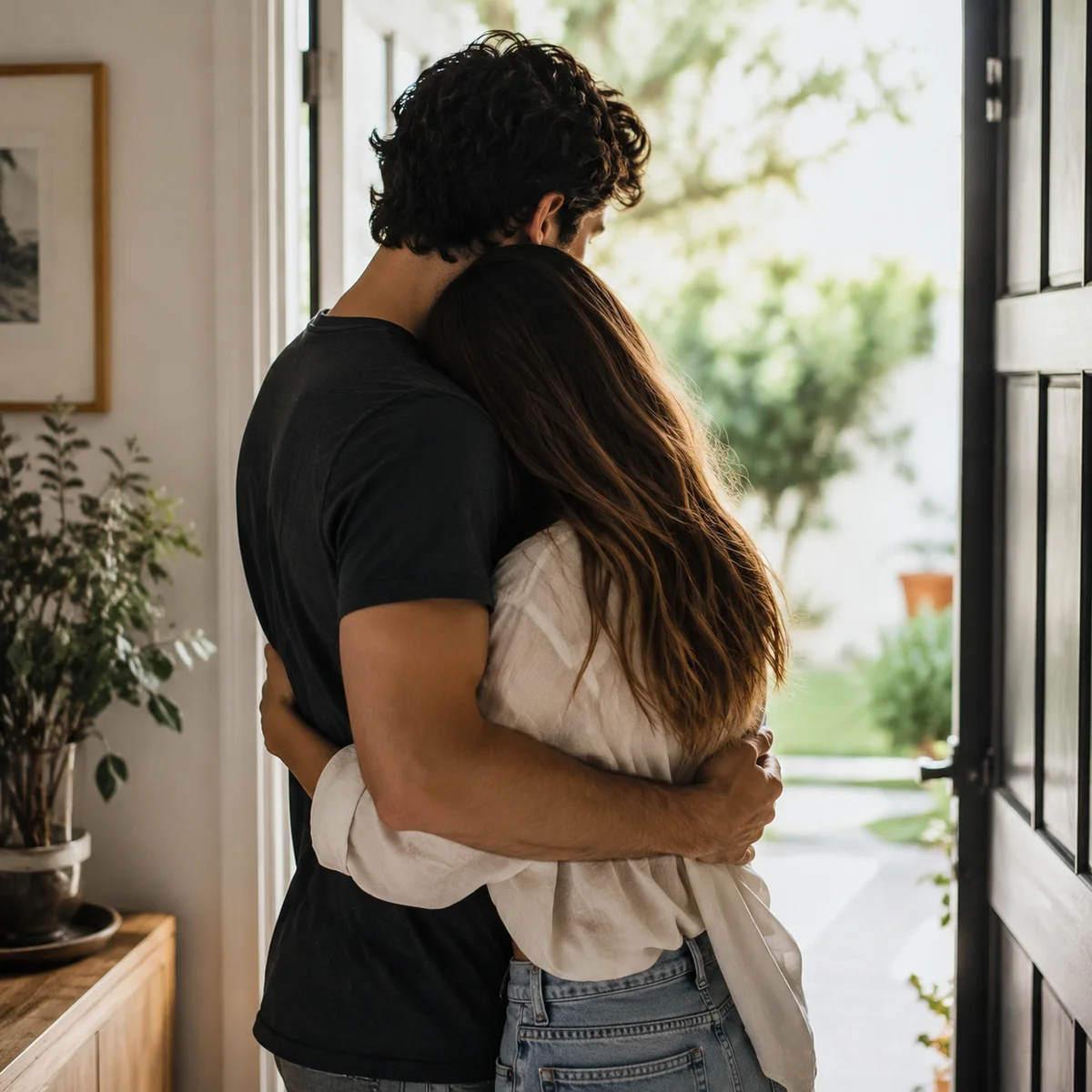 Couple embracing in doorway with natural light streaming in
