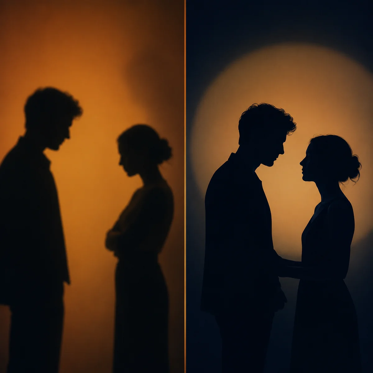 Abstract silhouettes representing two different relationship dynamics side by side