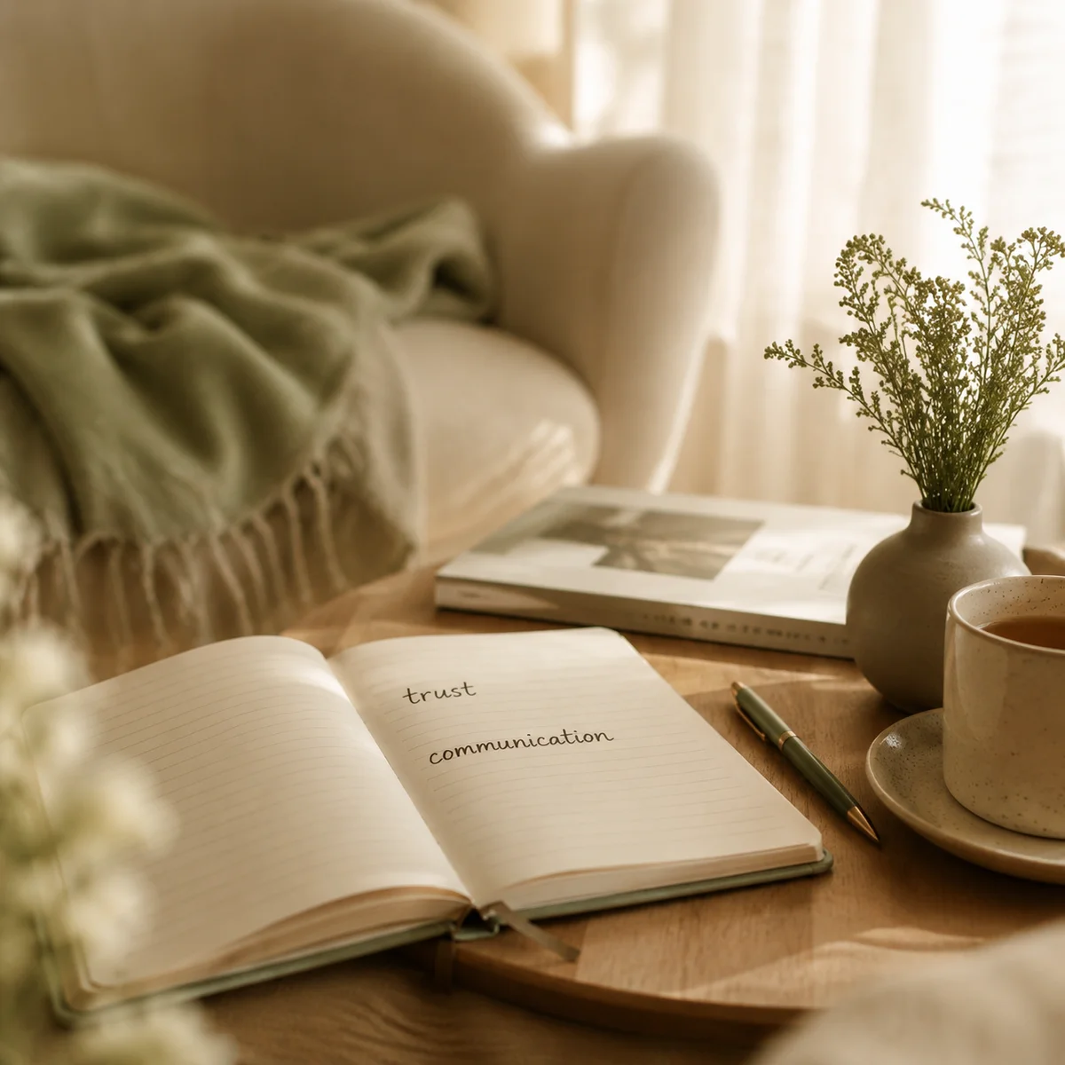 Open notebook with handwritten words trust and communication on a cozy interior setting